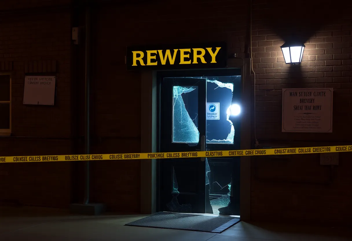 Police investigation at Trillium Brewing Company with broken entrance door