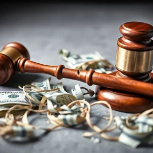 Abstract representation of financial deception in legal context