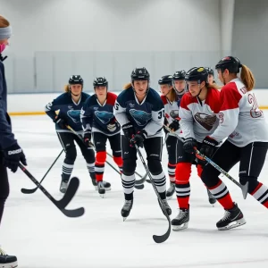 Penn State women's hockey team practicing on the ice