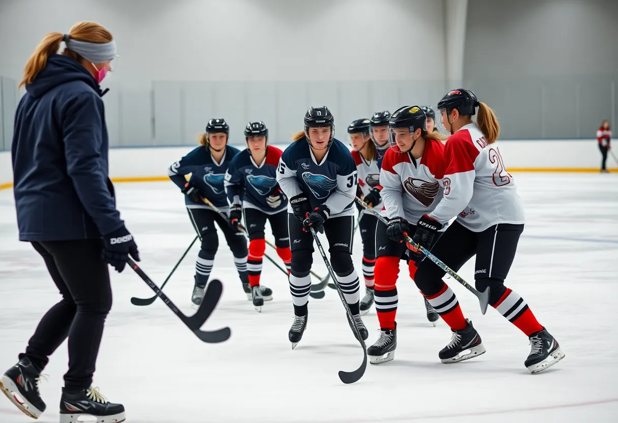 Penn State women's hockey team practicing on the ice
