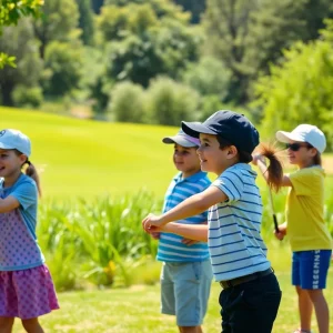 Children enjoying a youth golf clinic under the sun