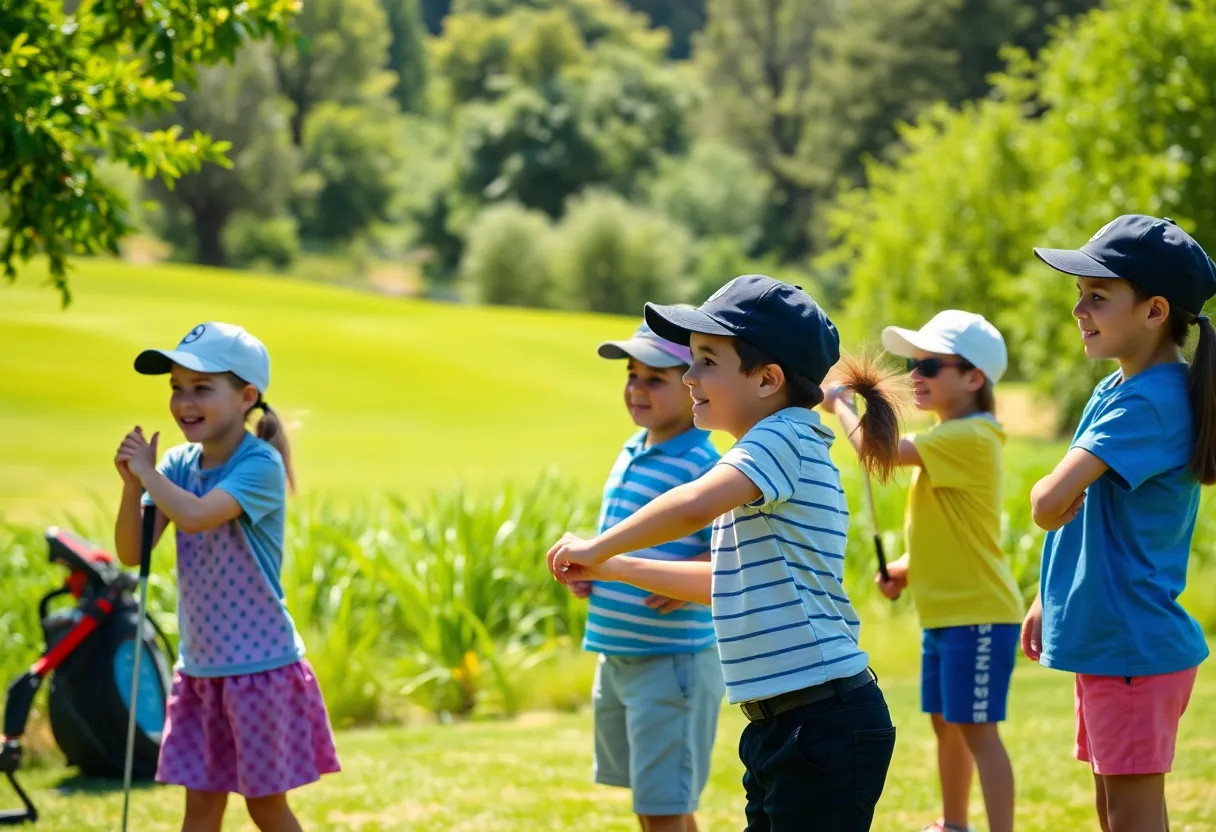 Children enjoying a youth golf clinic under the sun