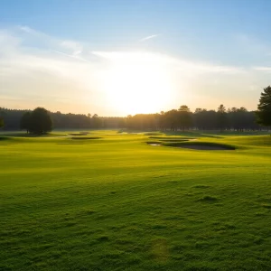Golfers at a course under dark stormy clouds