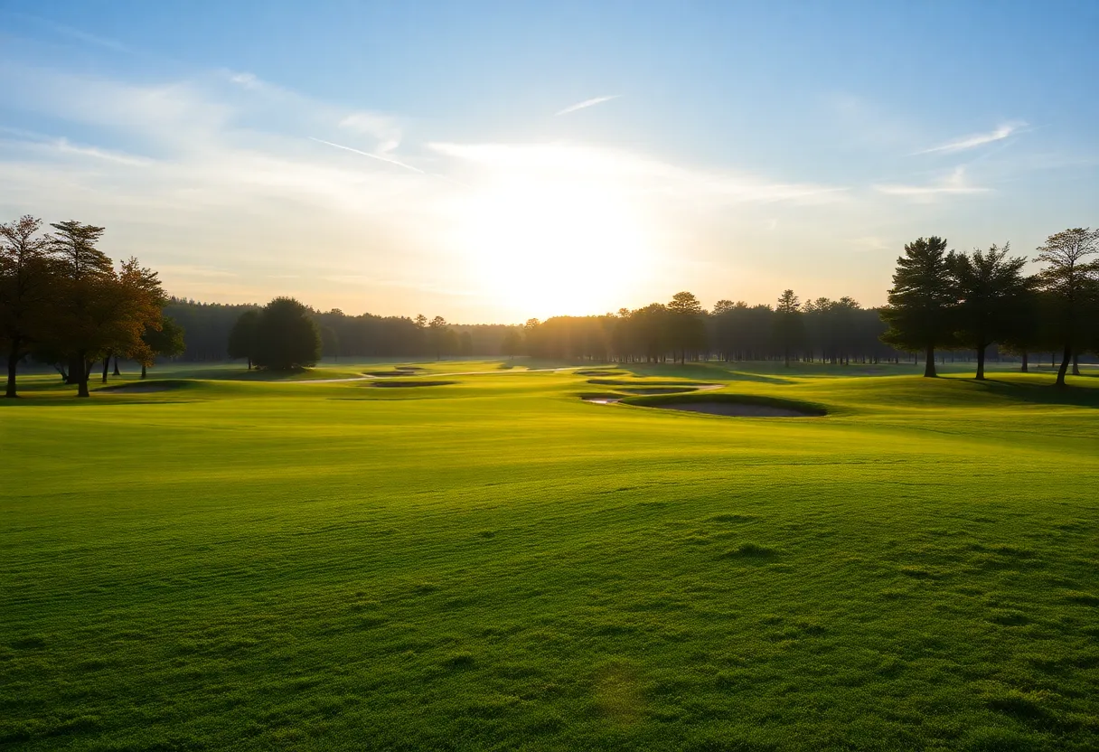 Golfers at a course under dark stormy clouds
