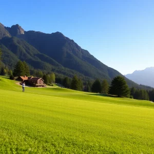 A scenic view of a golf course at sunset, symbolizing community and remembrance.