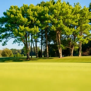 A view of a golf course in Weston with uneven grass and golfers playing.