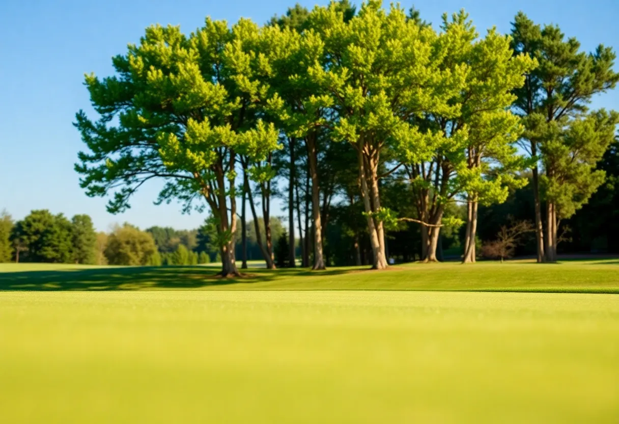 A view of a golf course in Weston with uneven grass and golfers playing.