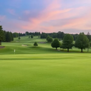 Golf course during Ryder Cup with players in action