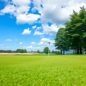 Golf course in the Swiss Alps with mountains in the background