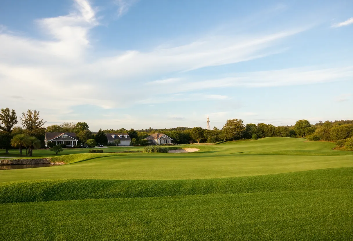 Scenic view of a golf course with players practicing