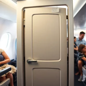 Airplane bathroom safety with a focus on child privacy protection.