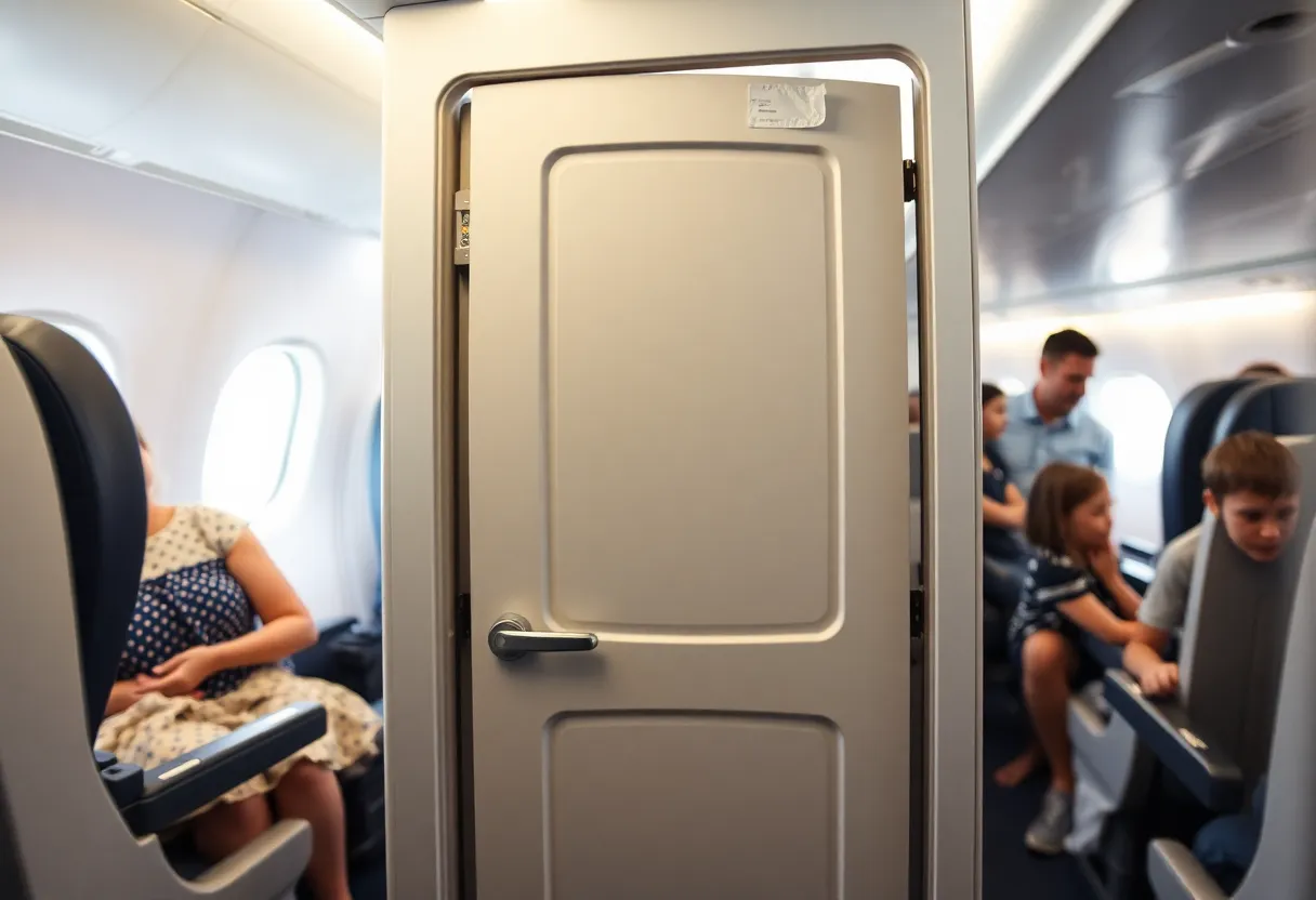 Airplane bathroom safety with a focus on child privacy protection.