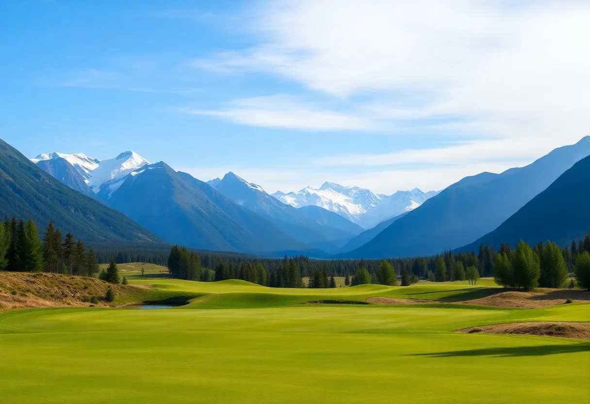 A picturesque Alaska golf course with lush fairways and mountains in the distance.