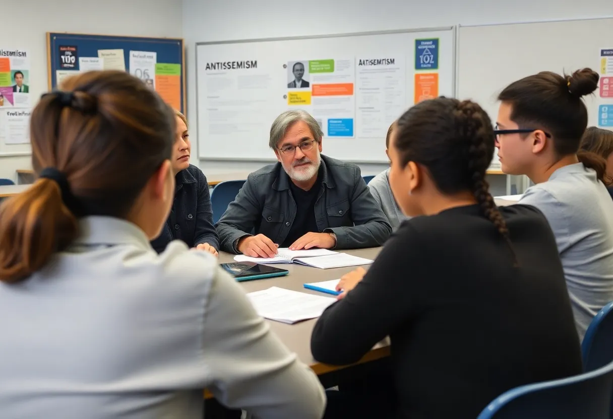 Students engaged in learning about antisemitism in a diverse classroom setting