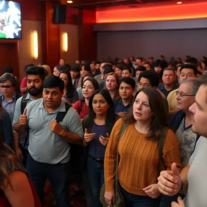 Lobby of a movie theater with patrons reacting to a disturbance.