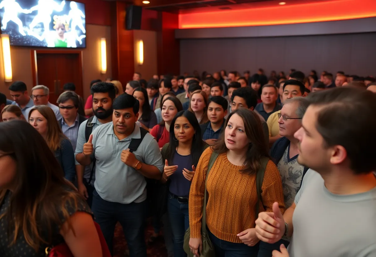 Lobby of a movie theater with patrons reacting to a disturbance.