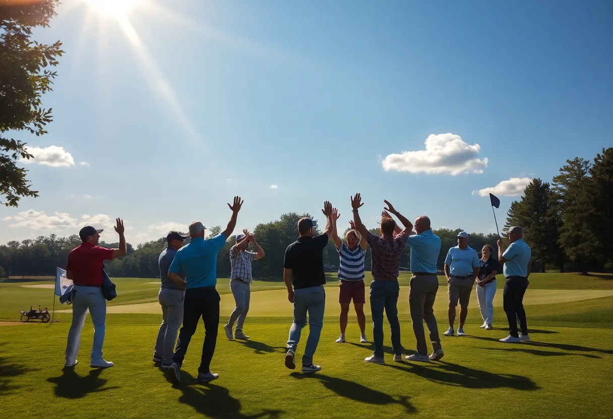 Ayer Shirley Regional golf team celebrating victory at Foxborough Country Club