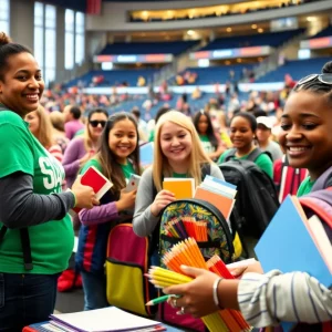 Volunteers packing backpacks filled with school supplies