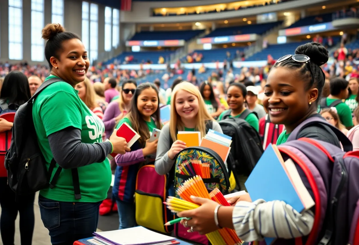 Volunteers packing backpacks filled with school supplies