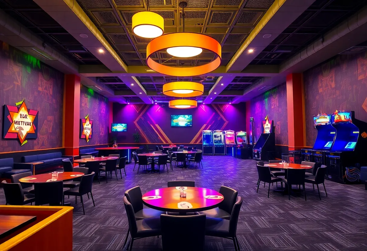 An event space set up for Bar Mitzvah celebrations with colorful decor and entertainment options.