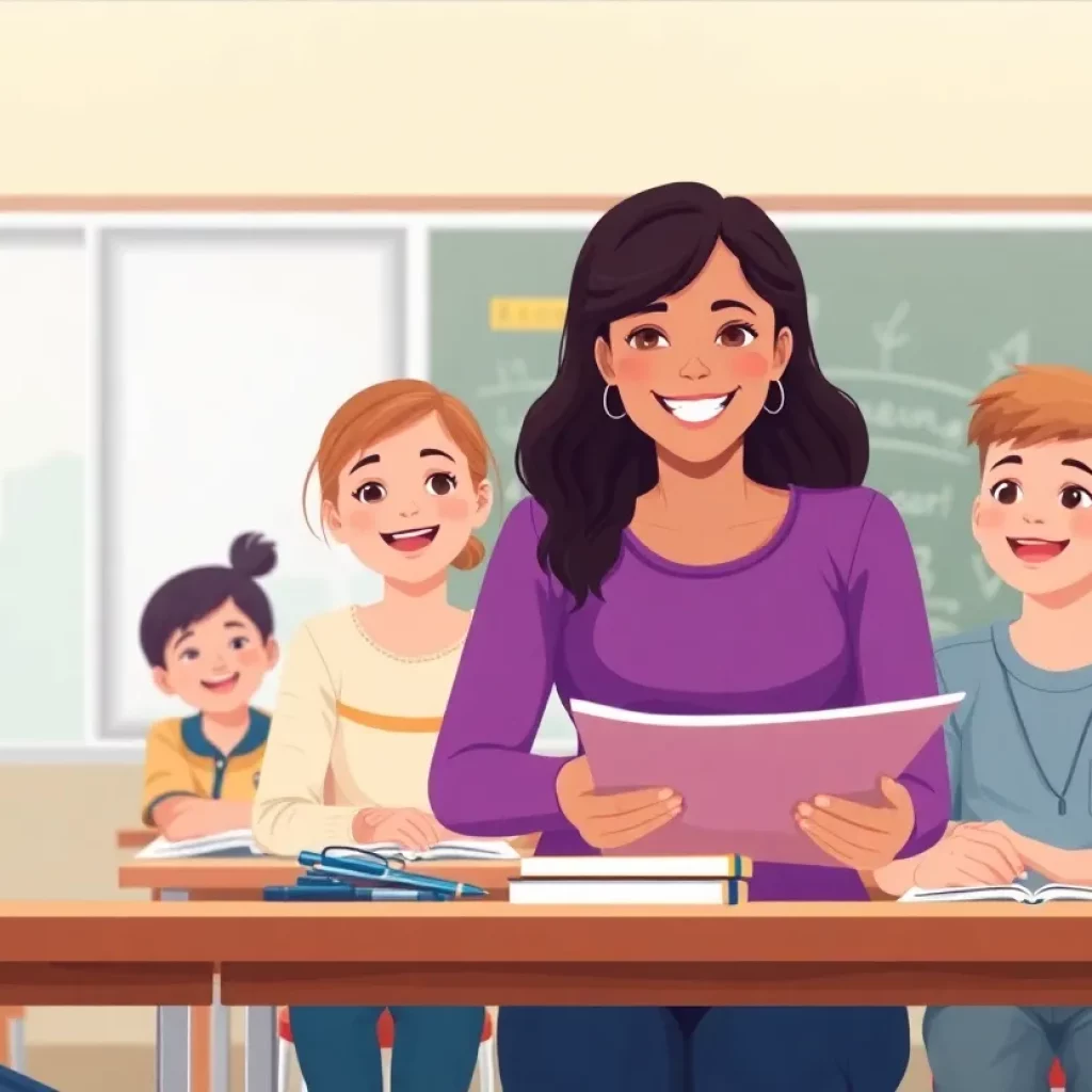 Classroom with engaged students and a teacher in a middle school
