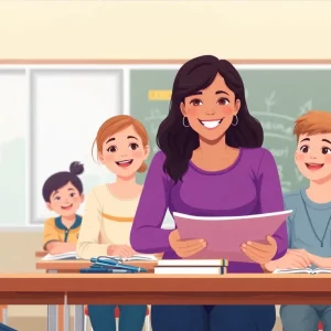 Classroom with engaged students and a teacher in a middle school
