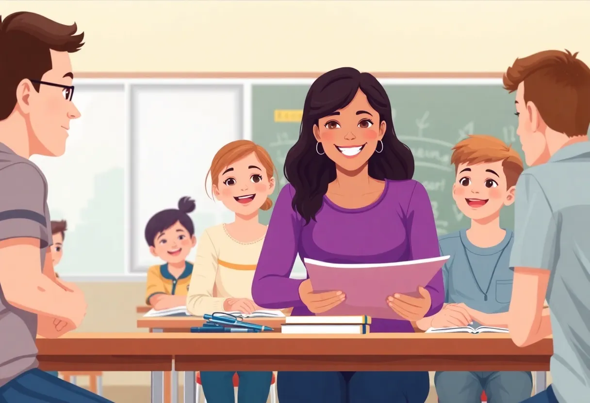 Classroom with engaged students and a teacher in a middle school