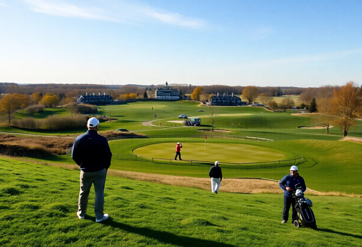 Panoramic view of Bethpage Black golf course with players preparing for the Ryder Cup.