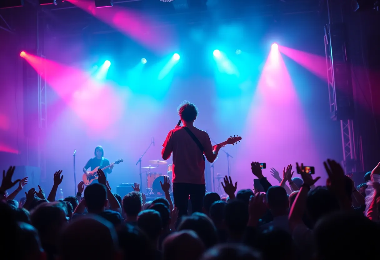 Blush band performing live on stage at The Lilypad, with an energetic crowd in attendance.