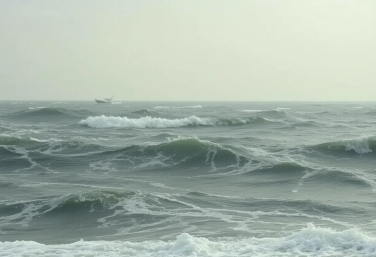 Capsized boat in rough waters off Salisbury Beach