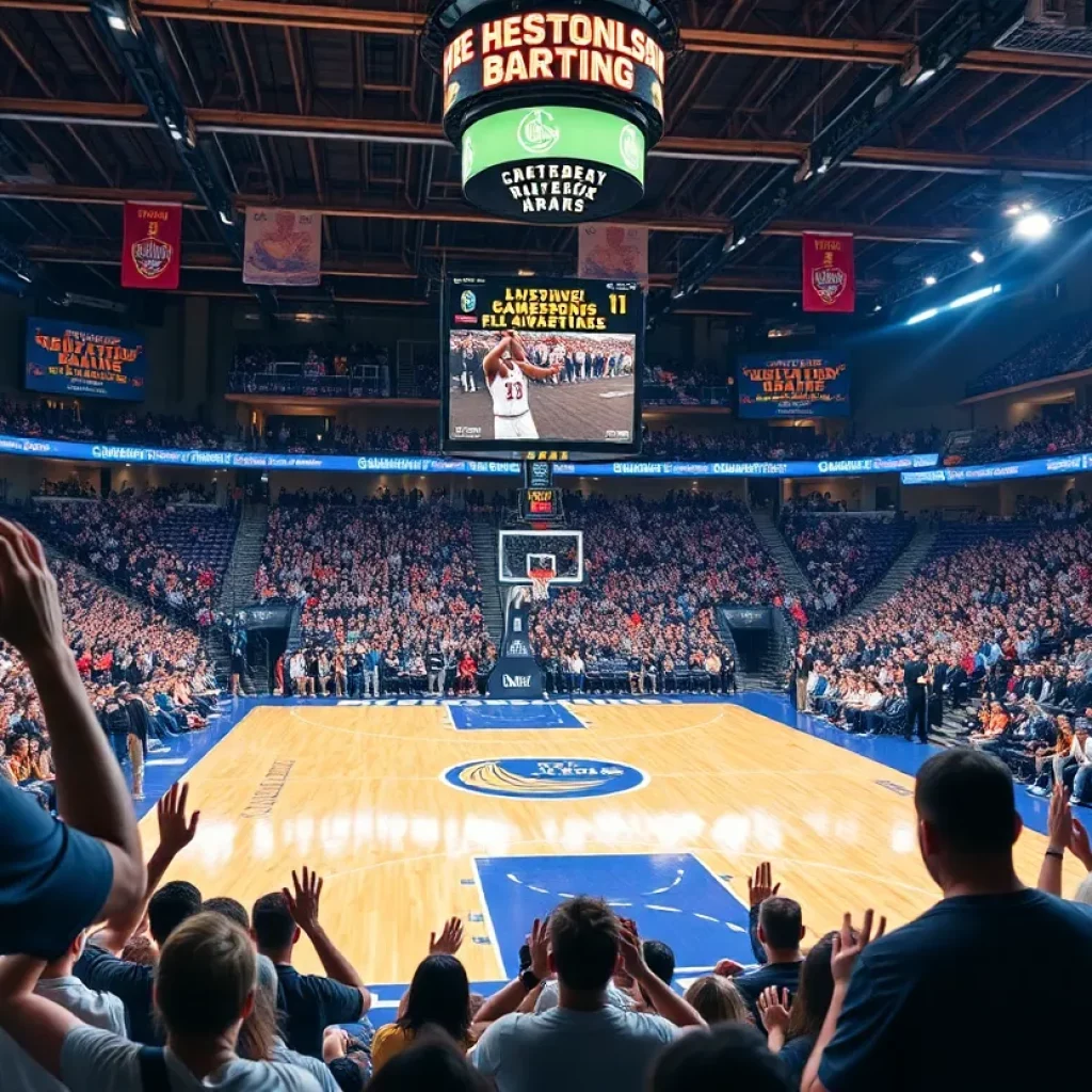 Fans celebrating in a basketball arena