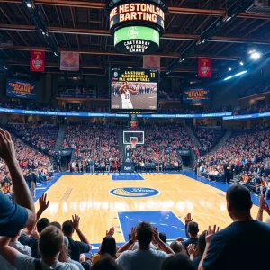 Fans celebrating in a basketball arena