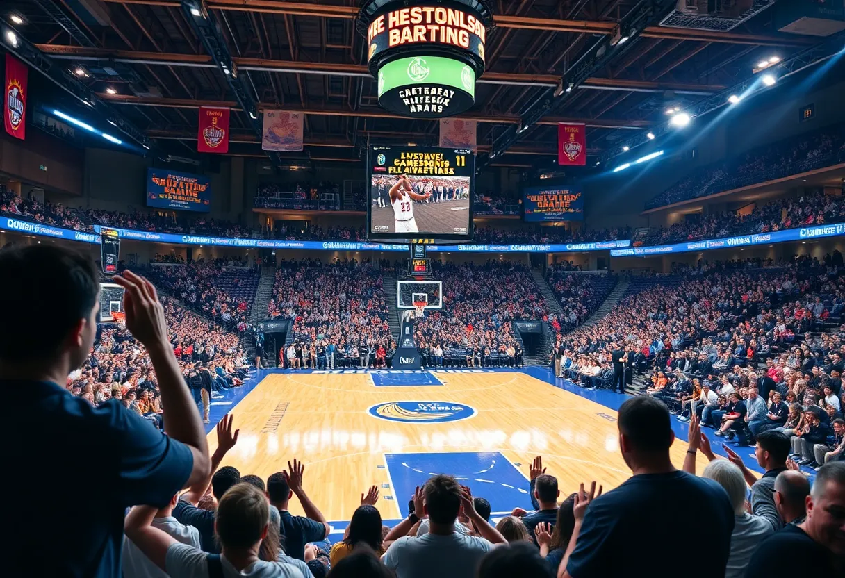 Fans celebrating in a basketball arena