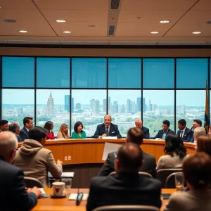 Officials discussing immigration policies in a city council meeting