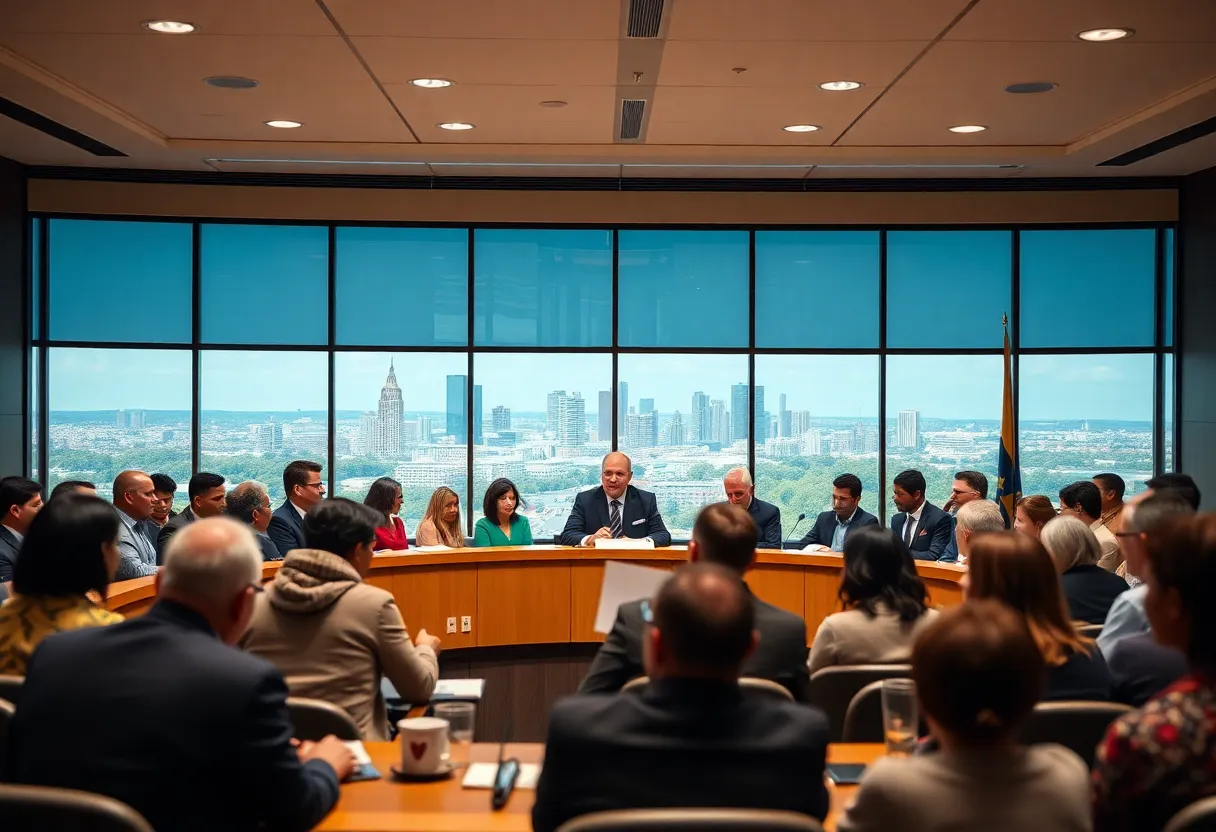 Officials discussing immigration policies in a city council meeting