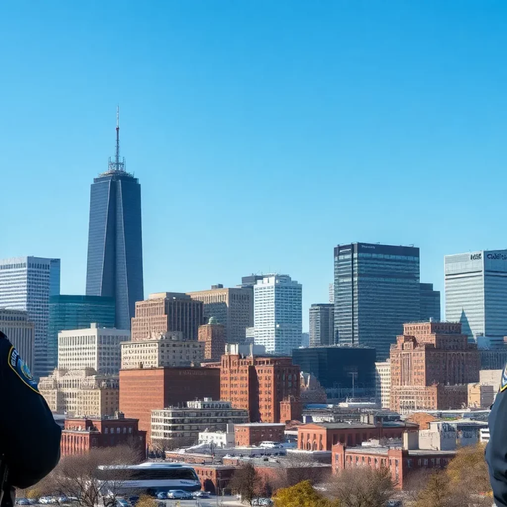 Skyline view of Boston with law enforcement symbols