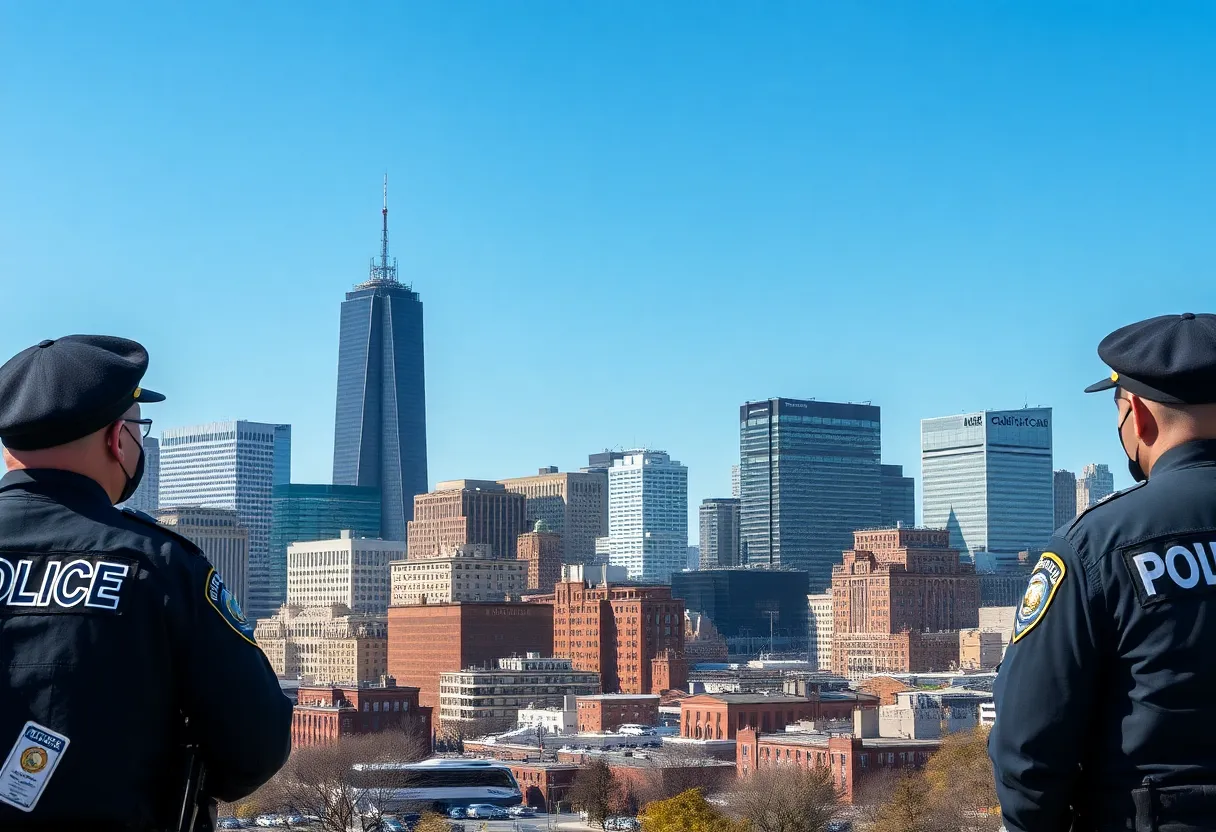 Skyline view of Boston with law enforcement symbols