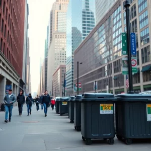 Boston street featuring rat-resistant trash bins