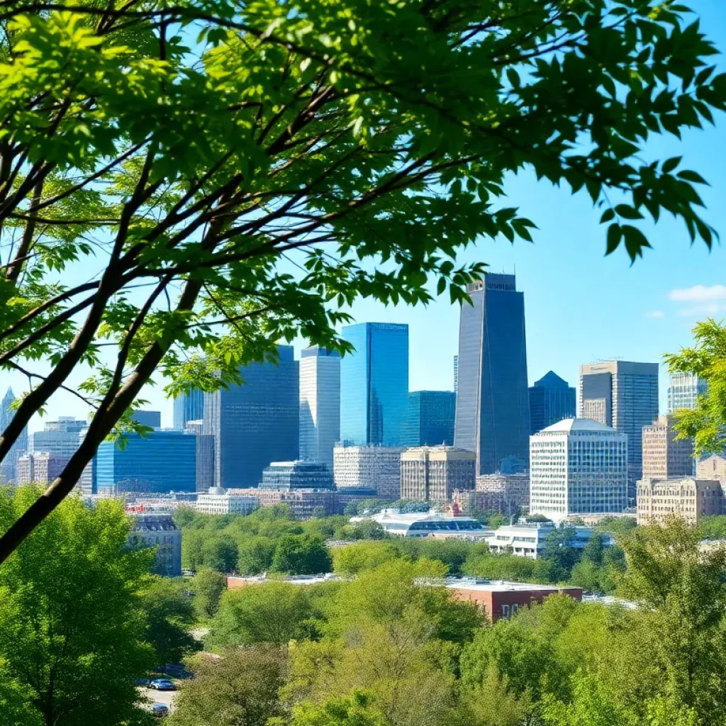 Boston skyline with green trees and sustainable buildings symbolizing climate action.