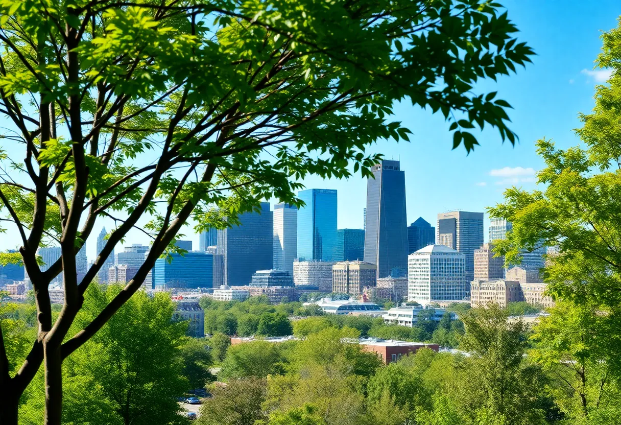 Boston skyline with green trees and sustainable buildings symbolizing climate action.