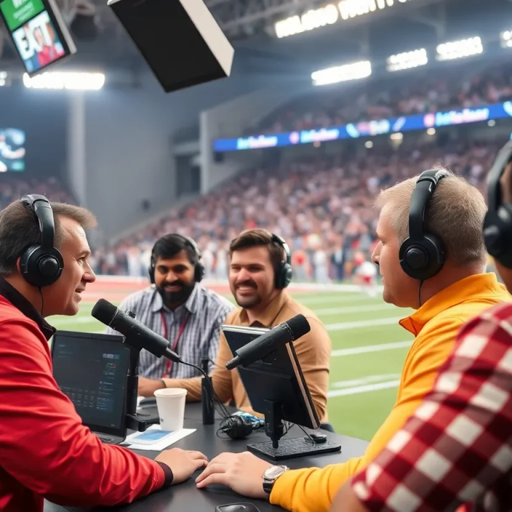 Boston College football broadcast team during a game commentary