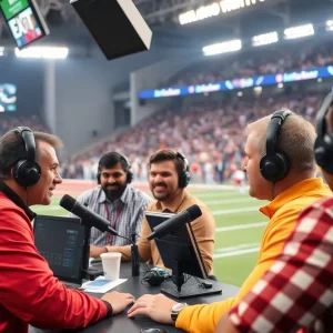 Boston College football broadcast team during a game commentary