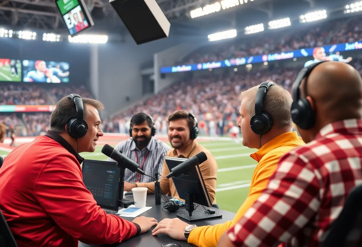 Boston College football broadcast team during a game commentary