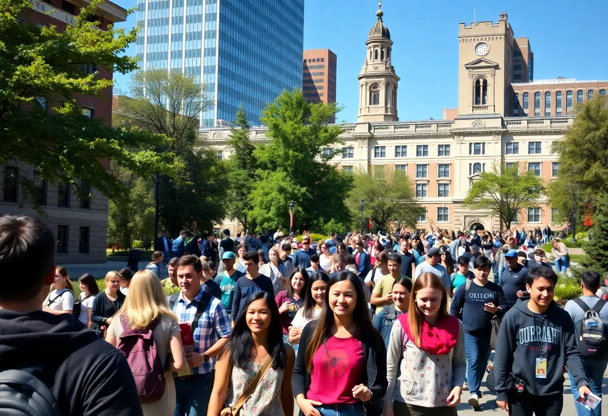 College students walking on a Boston campus