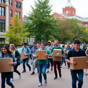 Students moving into college dorms in Boston