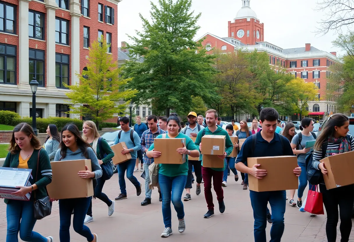 Students moving into college dorms in Boston