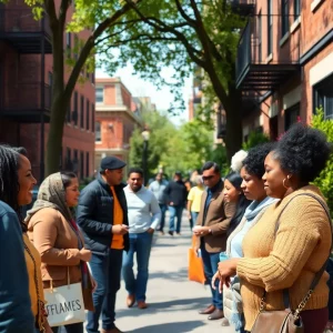 Residents of Boston engaging in community activities in an urban setting.