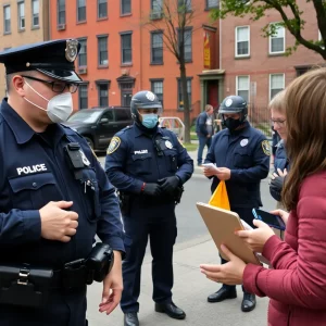 A scene depicting community safety efforts in Boston with police and residents