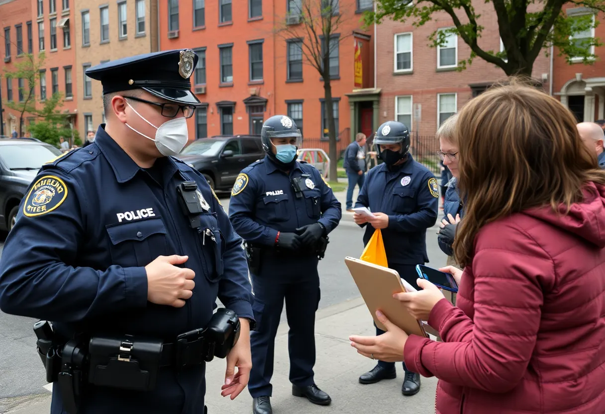 A scene depicting community safety efforts in Boston with police and residents
