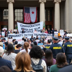 Supporters gathering at Boston City Hall for immigrant policies